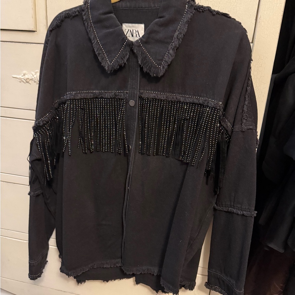 Zara Black sparkle Fringe Jean Jacket with  size large